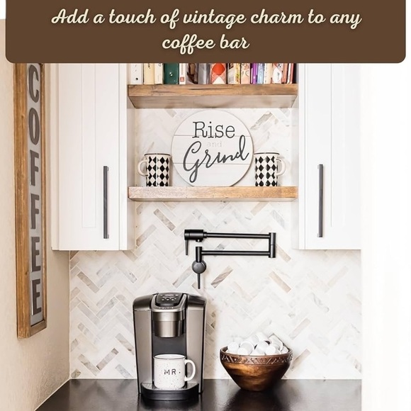 Coffee Bar Decor Round White Coffee Bar Sign w/ ‘Rise and Grind’ in Black - Picture 1 of 9